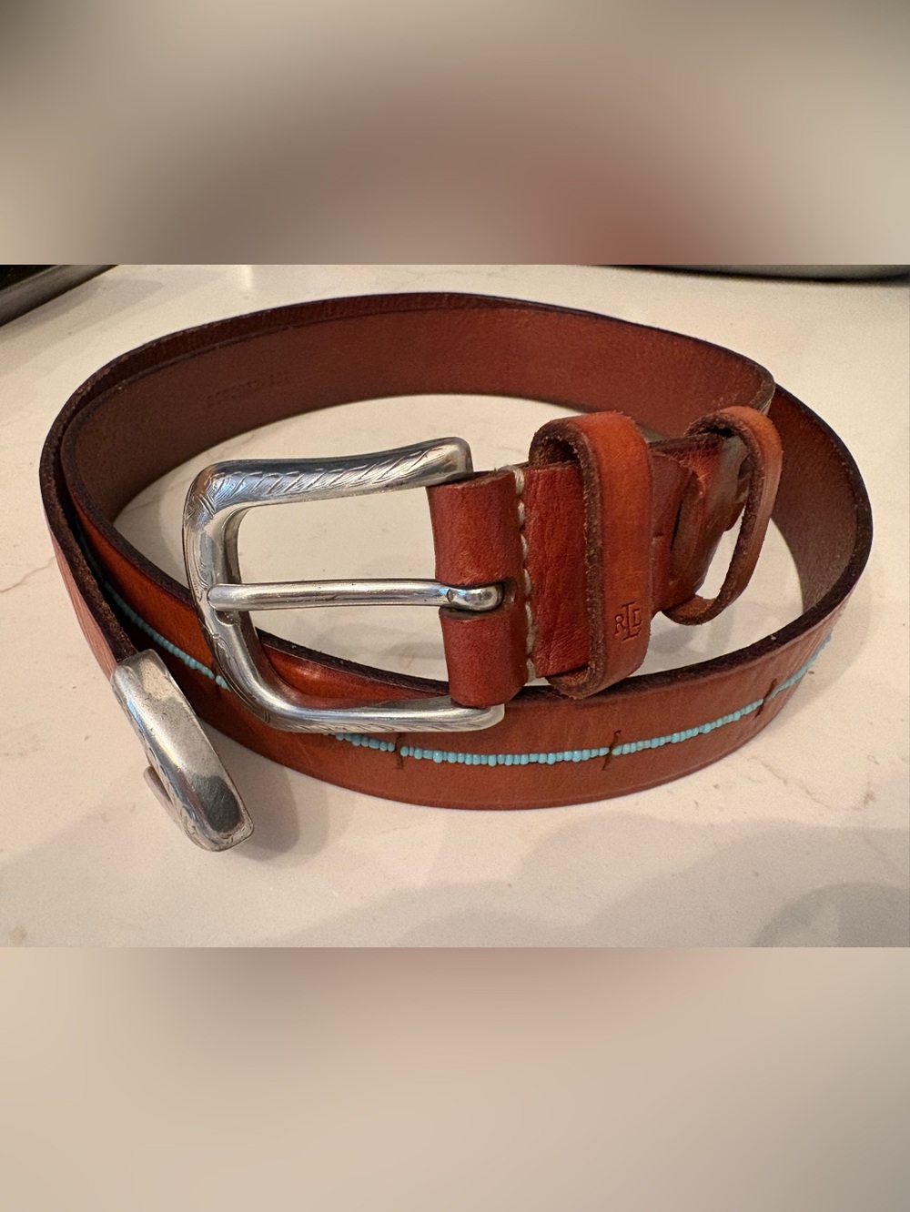 Vintage Ralph Lauren Brown Leather Belt with Turquoise Bead Inlay